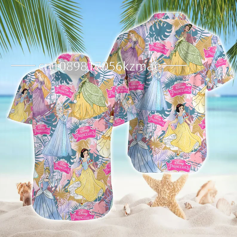 Disney Princess hawajska koszula plażowa 2024 nowa księżniczka wakacyjna hawajska koszula męska i damska koszula z krótkim rękawem