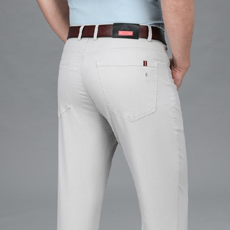 Calça jeans stretch business masculina de alta qualidade, simples, combinando tudo, reta, solta, para escritório, verão, fina, 2024