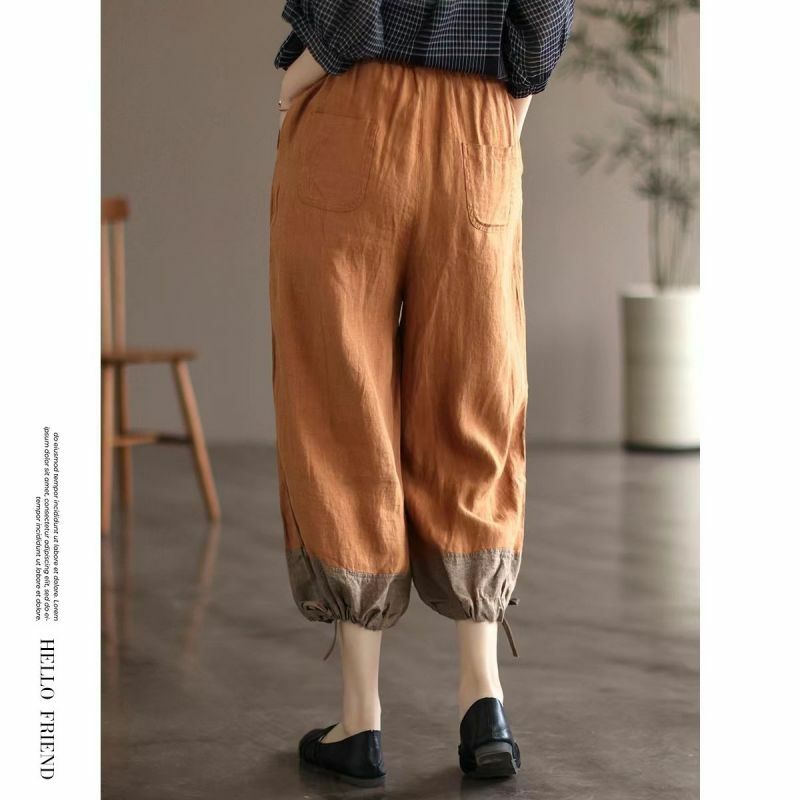 2024 nowa letnia moda minimalistyczne Retro kolor blokujący casualowe luźny, typu Oversize bawełniane spodnie Harlan lniane z wysokim stanem dla kobiet