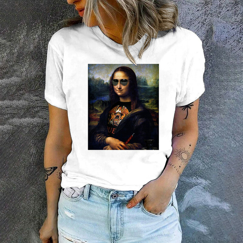 Camisetas de moda con estampados divertidos e interesantes para mujer, camisetas de manga corta de gran tamaño para mujer, Mona Lisa, novedad de 2024