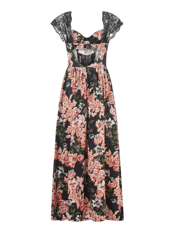 Gaun Maxi tambal sulam renda motif bunga wanita, gaun pesta potongan rendah potongan tinggi korset punggung terbuka lengan pendek motif bunga untuk wanita