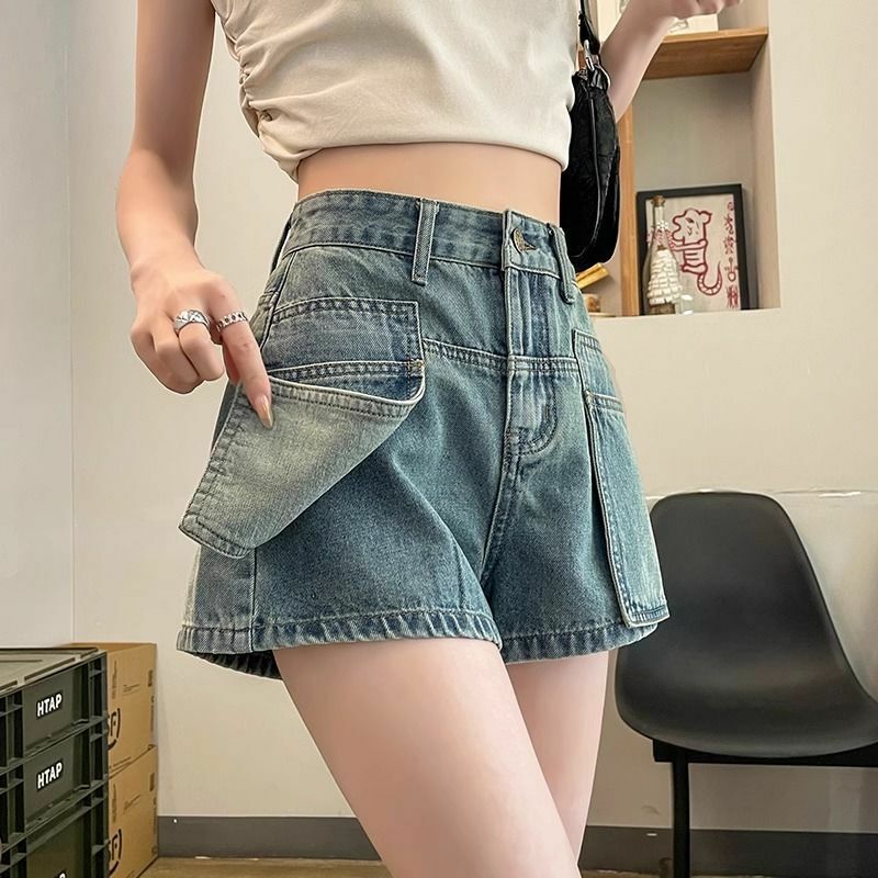 Celana pendek Denim Vintage wanita Musim Panas 2024 celana pendek Hot Pant kaki lebar pelangsing longgar pinggang tinggi tipis