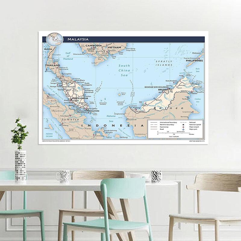 225*150cm el mapa ejecutivo de Malasia en inglés lienzo no tejido pintura pared sin marco póster e impresión decoración del hogar