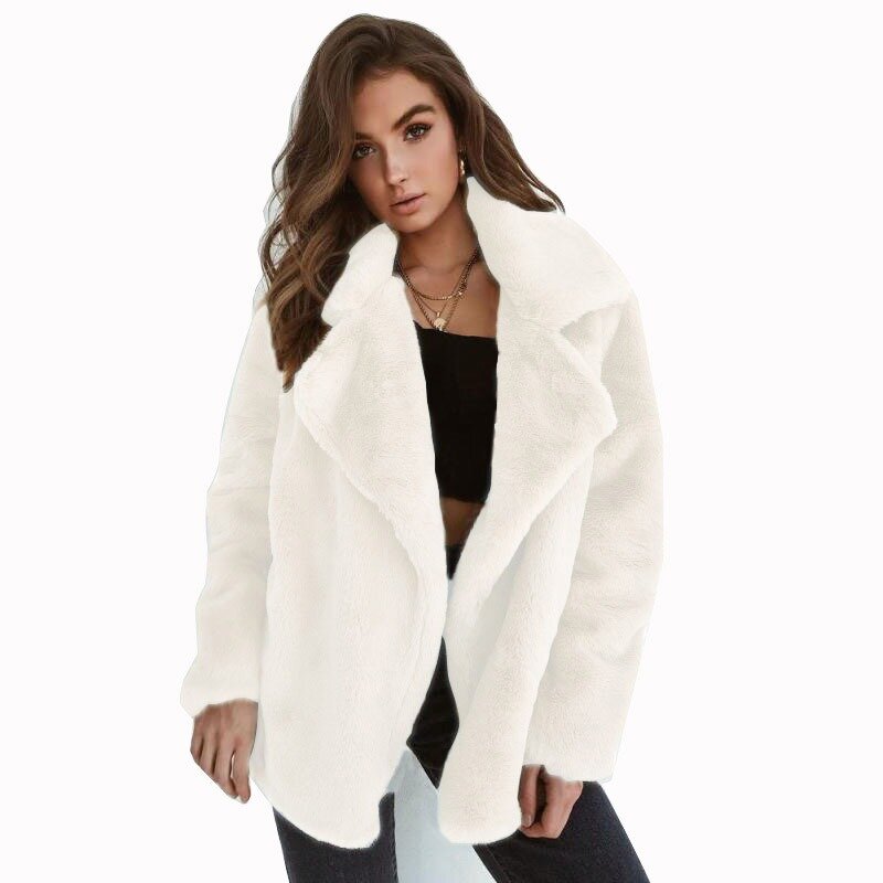 여성용 우아한 와이드 라펠 인조 모피 테디 재킷, 따뜻한 두꺼운 루즈 코트, 외투, 가을, 겨울