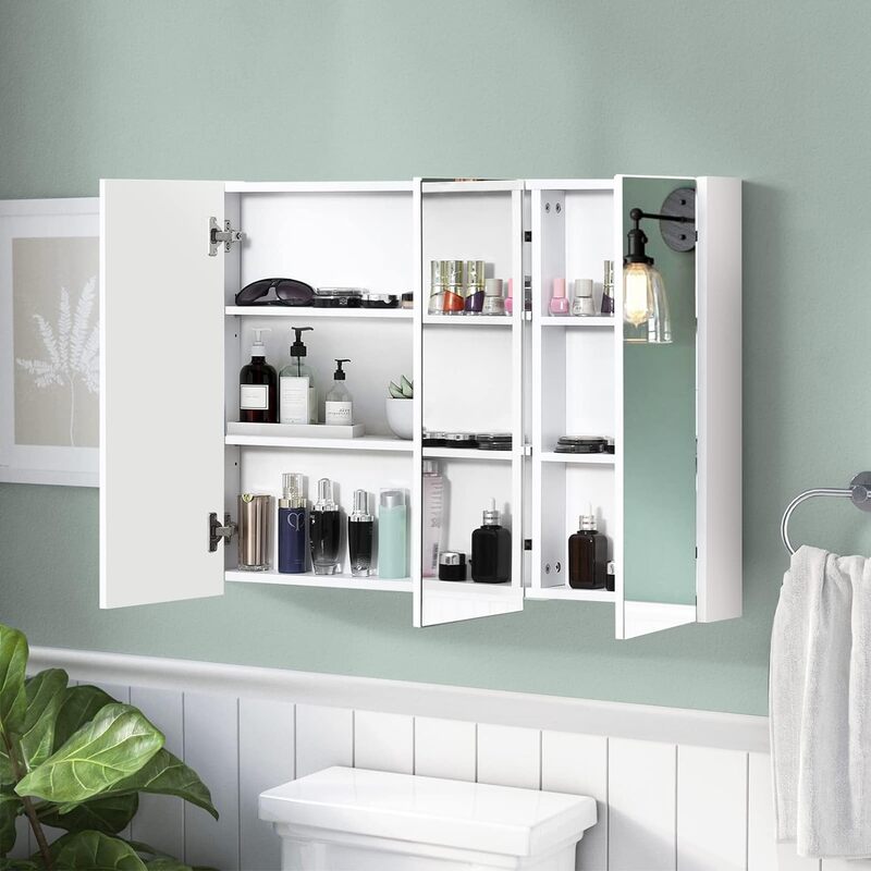 Kabinet obat cermin, kabinet penyimpanan terpasang di dinding lebar besar dengan 3 pintu cermin dan rak dapat disesuaikan, 36x4.5x25.5 inci