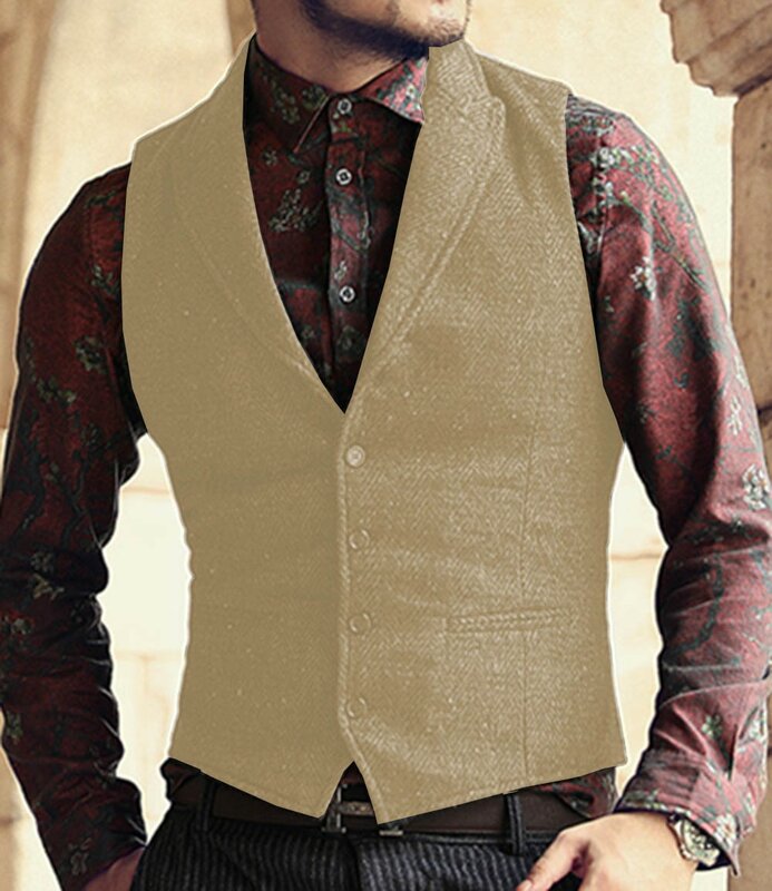 Men Suit Vest Army Green Classic Herringbone Pattern Business Waistcoat Notch Lapel Wool Tweed Groomsmen Waistcoat Vests For Men