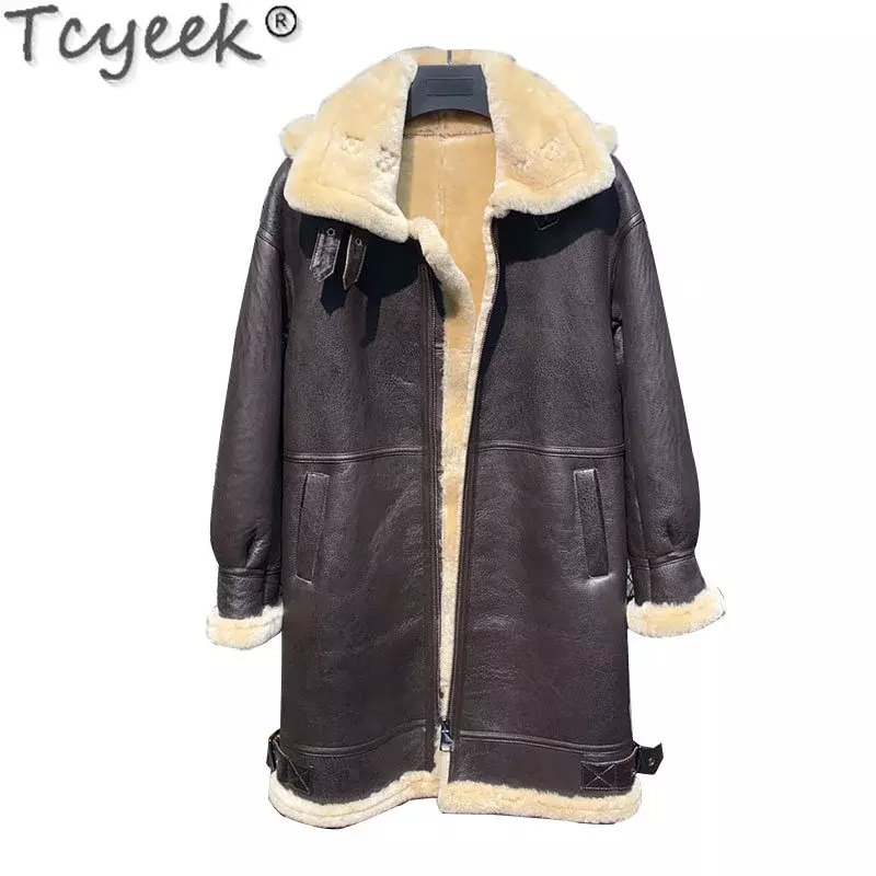 Tcyeek jaqueta de inverno feminino longo natural casaco de pele de carneiro feminino chapéu destacável jaqueta de couro genuíno casaco de pele real veste femme