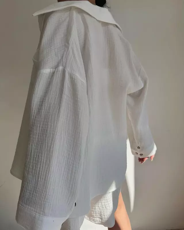 Shorts de gaze de algodão de duas peças para mulheres, pijama de manga comprida para senhoras, camisa de peito único, shorts com cordão, traje elegante