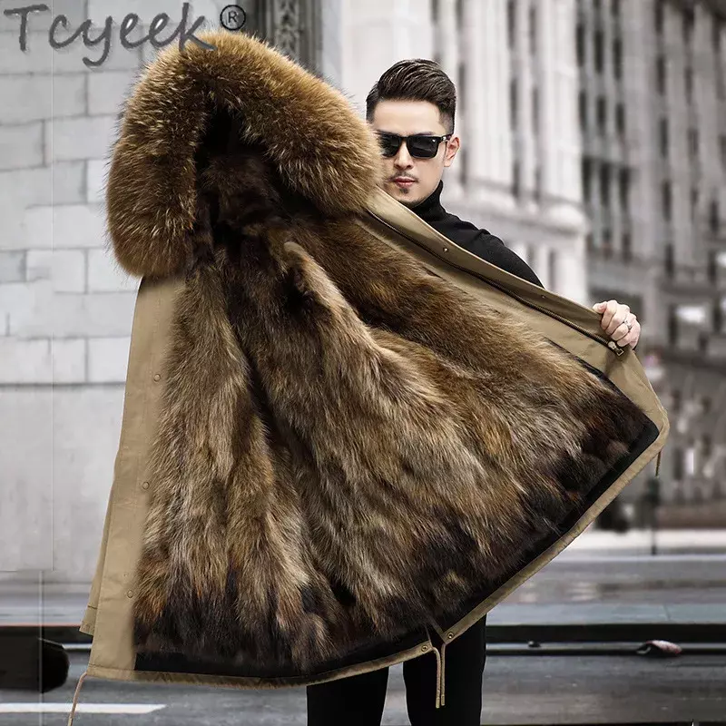 Tcyeek-Real Fox Fur Parka para homens, jaqueta de inverno quente, coleira de pele de guaxinim, roupas destacáveis, moda