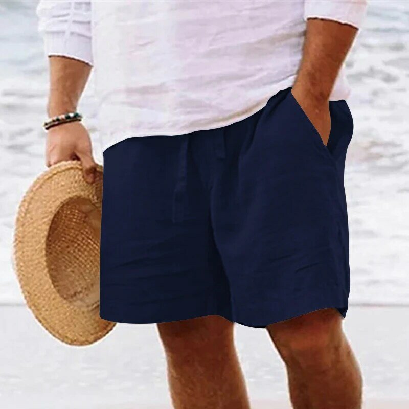 Мужские летние шорты из хлопка и льна с эластичной талией на шнурке, прямые ножки, однотонные, дышащие повседневные пляжные Капри