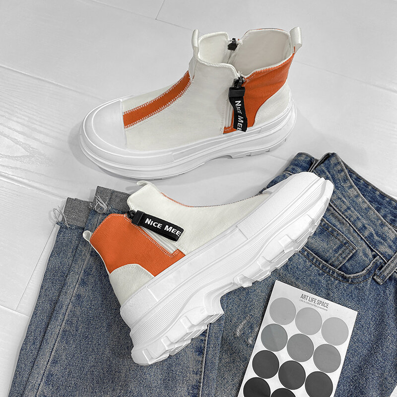 Autumn Men Casual Sneakers Canvas Chunky Platform Ankle Boots High-cut Zip Patchwork Sneakers Male Breathable Sport Shoes 38-44