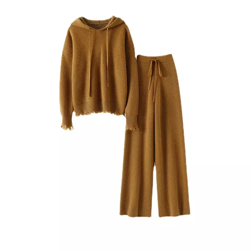 Malha de duas peças conjunto feminino design novo cashmere topo com hoood + elástico cintura larga perna calças soltas terno feminino