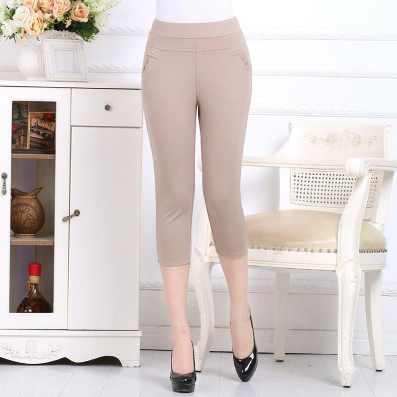 Solid Color Leggings High Waist Cropped Pants for Middle-aged Women Slim Fit Trousers with Pockets Solid Color for Streetwear