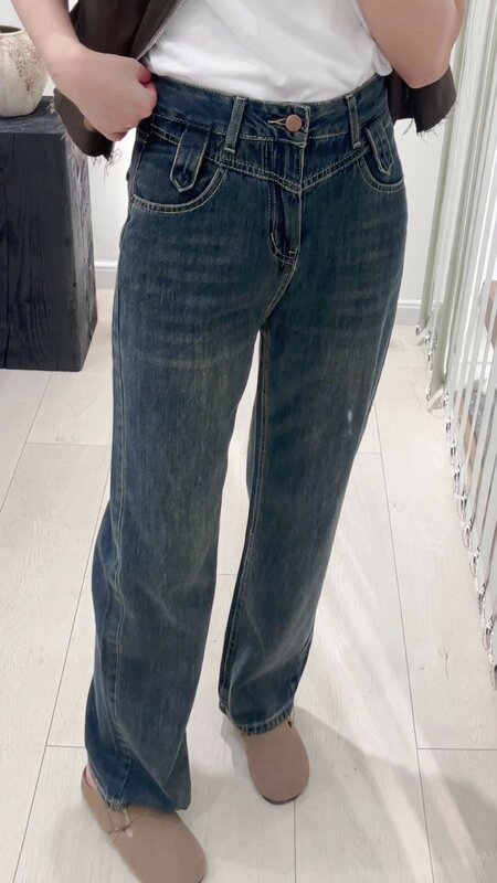 FINEWORDS High Waist Korean Jeans Women Causal Retro Washed Loose Jeans Streetwear Leisure Dark Blue Denim Pants