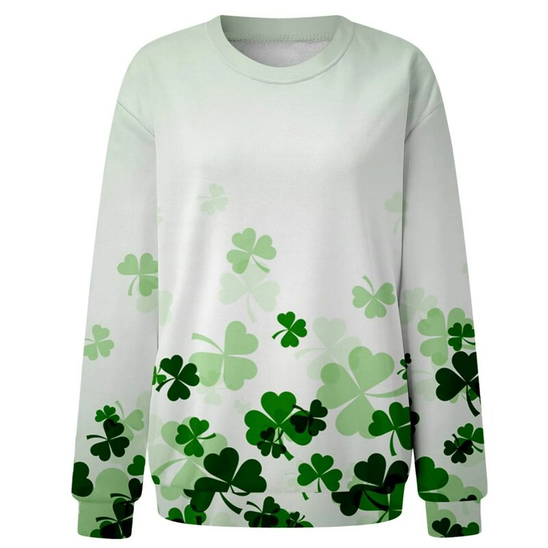 Women's St. Patrick's Day Round Neck Long Sleeved Top Green Printed Hatless Thin Hoodie Loos Casual Ladies T Shirt Tops