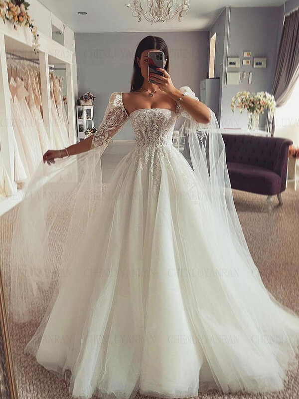 Boho Long Wedding Dresses For Women Full Sleeves Ivory Wendding Dress Glitter Applique Dresses For Wome 2023  فستان حفلات الزفاف