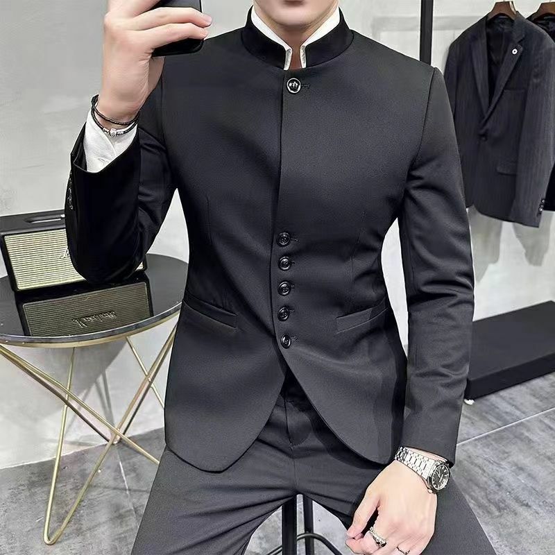2-A17  New Chinese style suit men's jacket, high-end, handsome, stand-up collar suuy casual, high-end collarless youth tunic s