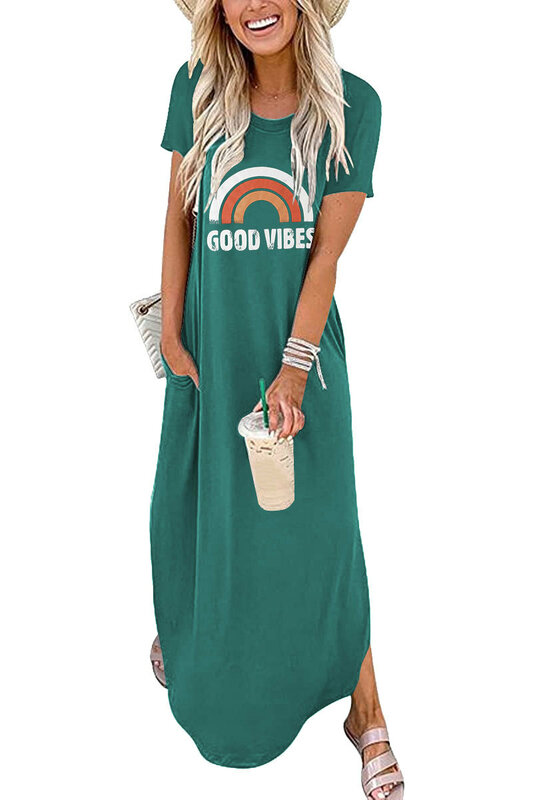 Женское летнее свободное платье Good Vibes, радужная пляжная эластичная Спортивная Повседневная Длинная юбка с карманами и принтом
