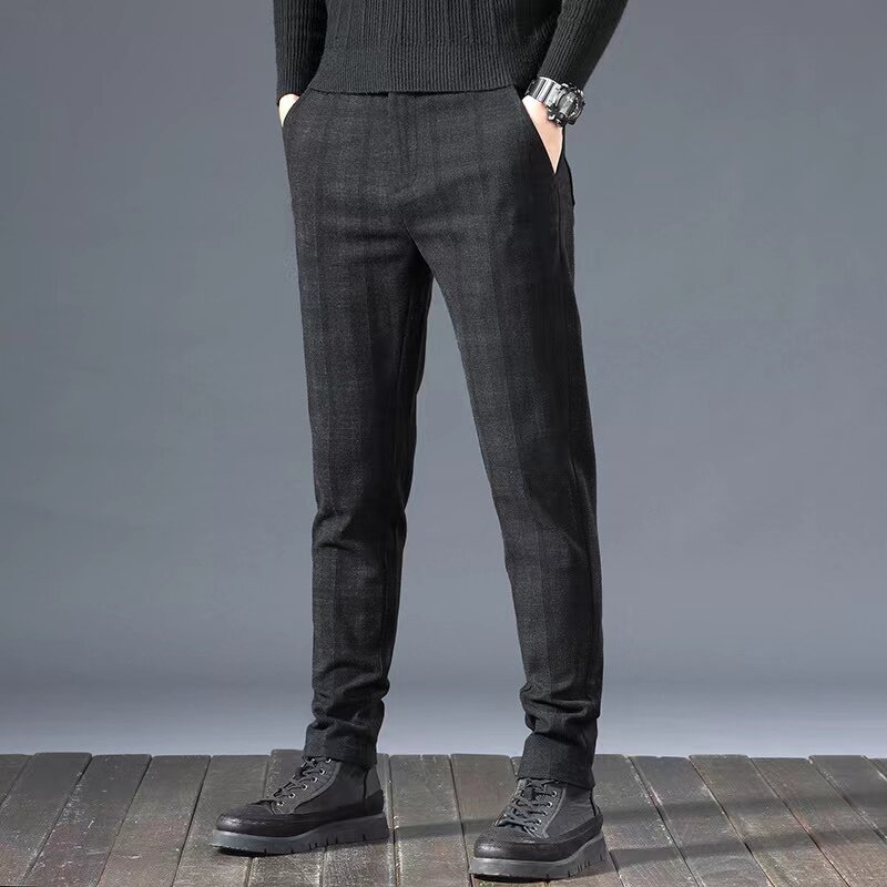 Calças masculinas moda inteligente casual verificar confortável respirável fino ajuste xadrez calças de negócios para homem homme