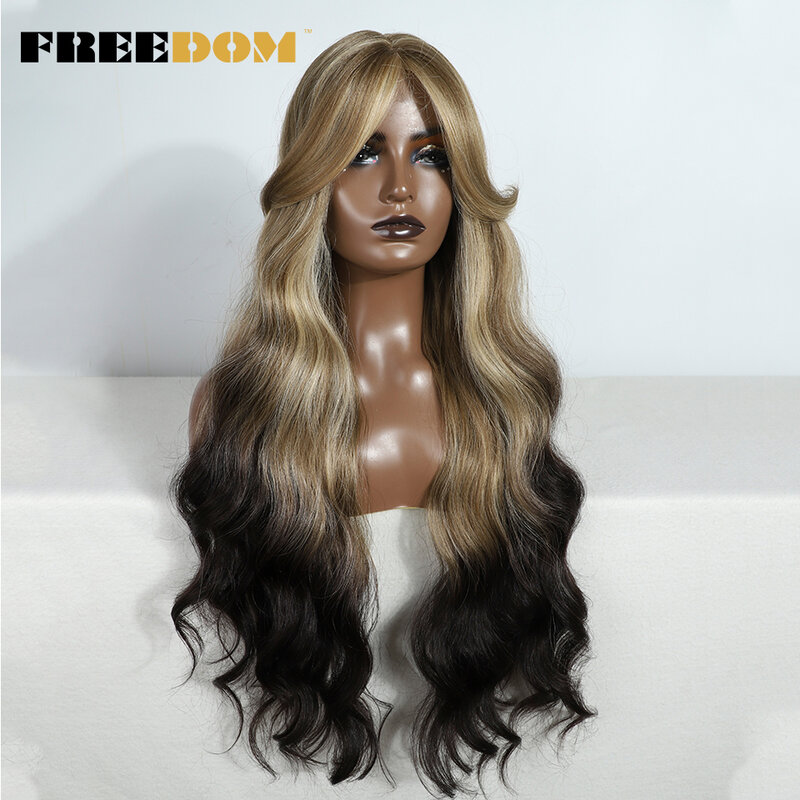Syntetyczna koronka wolności peruka Front długie faliste peruka z grzywką Ombre blond kolorowe peruki dla czarnych kobiet żaroodporne Cosplay peruki
