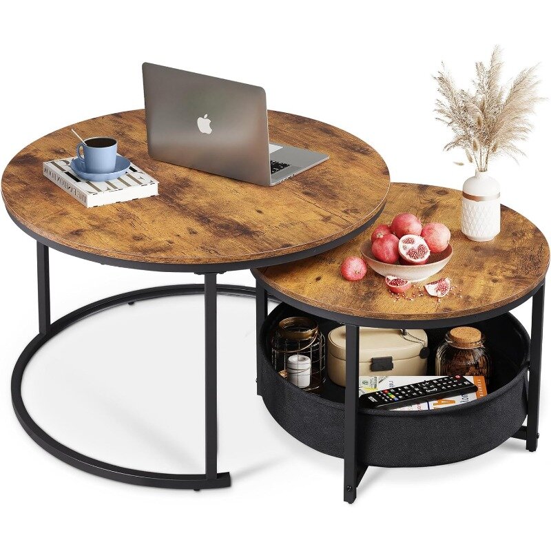リビングルーム用の丸いコーヒーテーブル、小さなスペース用の収納付きの小さな円のテーブル、金属フレーム、2〜32インチのセット