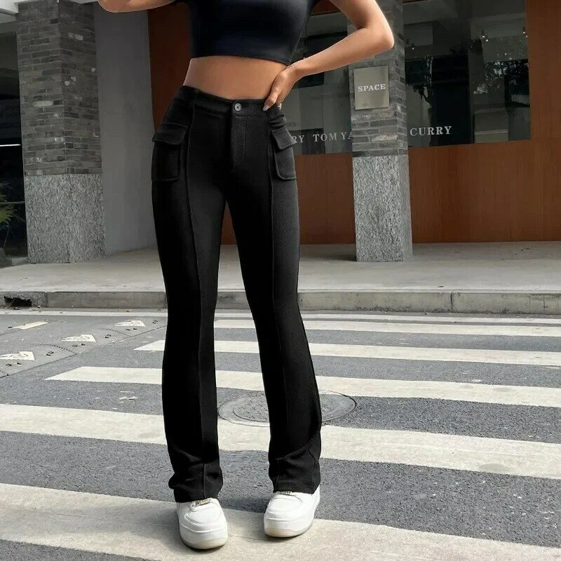 2024 New Women's Gothic Wear Instagram Street Pocket Slim Fit Solid Color Elastic Micro Flap Pants Casual Y2k Women Pants YSQ23