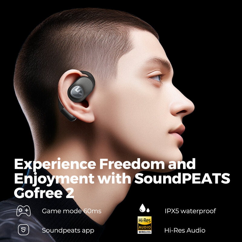 SoundPEATS-GoFree2オープンイヤーヘッドホン、安定した快適さ、ハイレスサウンド、Bluetooth 5.3、低音ブースト付きイヤフォン、合計35時間