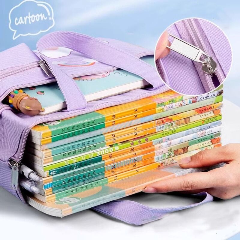 Large-capacity Students Tote School Bag Portable Tutorial Bag Cartoon Zipper Canvas Bag Learning Supplies