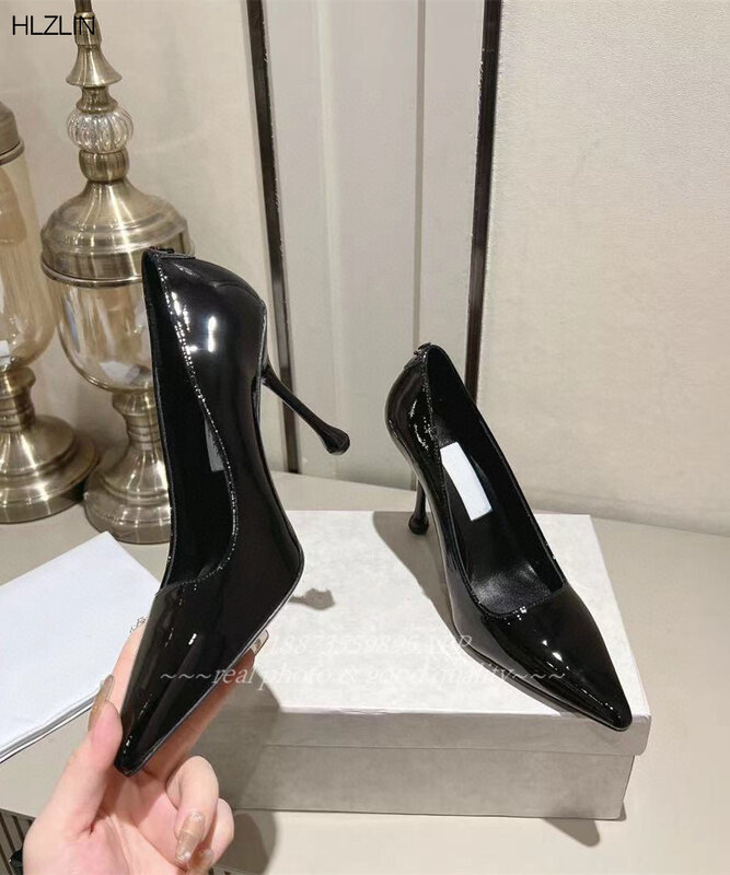 2024 spring and summer new fashionable patent leather bright face pointed sexy stiletto heels single shoe woman