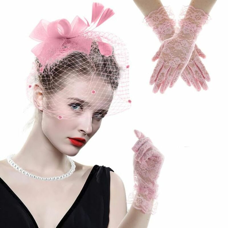 Feathers Hair Clip Fascinator Hat Tea Party Headband Wedding Short Lace Gloves Cocktail Hat Mesh Cocktail Hat Women