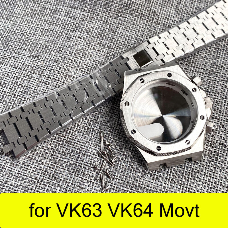 316L 스틸 42mm 사각 시계 케이스, 쿼츠 VK63 VK64 무브먼트, 방수 플랫 사파이어 크리스탈 팔찌 세트, 시계 수리 부품