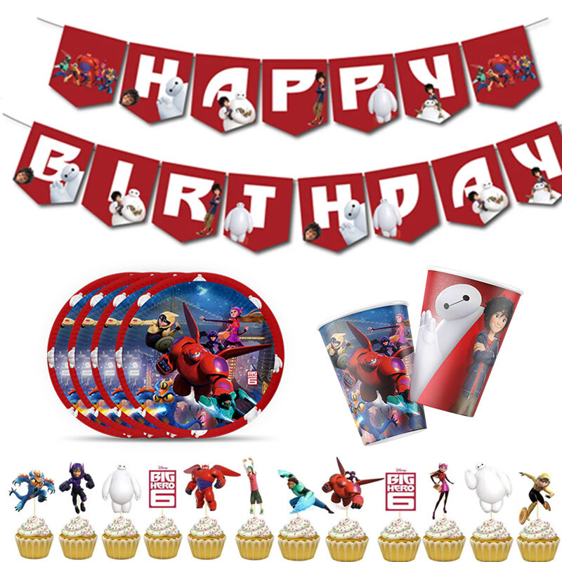 Décoration de fête prénatale Baymax, grand héros de dessin animé Disney, bannière d'anniversaire pour enfants, tasse, assiette, nappe