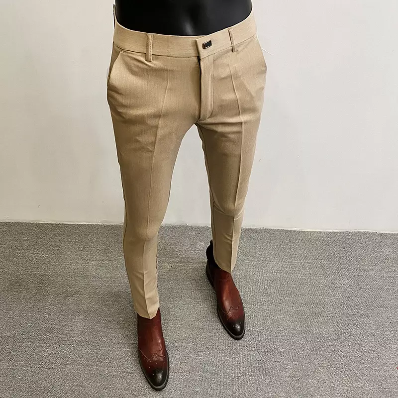 Celana Setelan Pria Celana Panjang Formal Gaun Kasual Warna Solid Ramping Ketat Hombre Celana Panjang Penuh Mode Pakaian Pria Baru