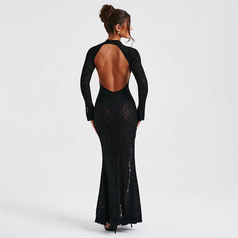 Black Lace Women's Prom Dress High Neck Full Sleeves Sexy Side Split Summer Party Gown Sheath Backless Beach Holiday Skirt Robes