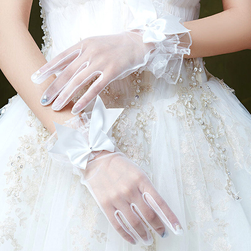 1 Paar Witte Kanten Ruche Strik Korte Handschoenen Elegant Bruids Vrouwen Dans Bruiloft Cosplay Mitten Podium Uitvoering Hand Decor