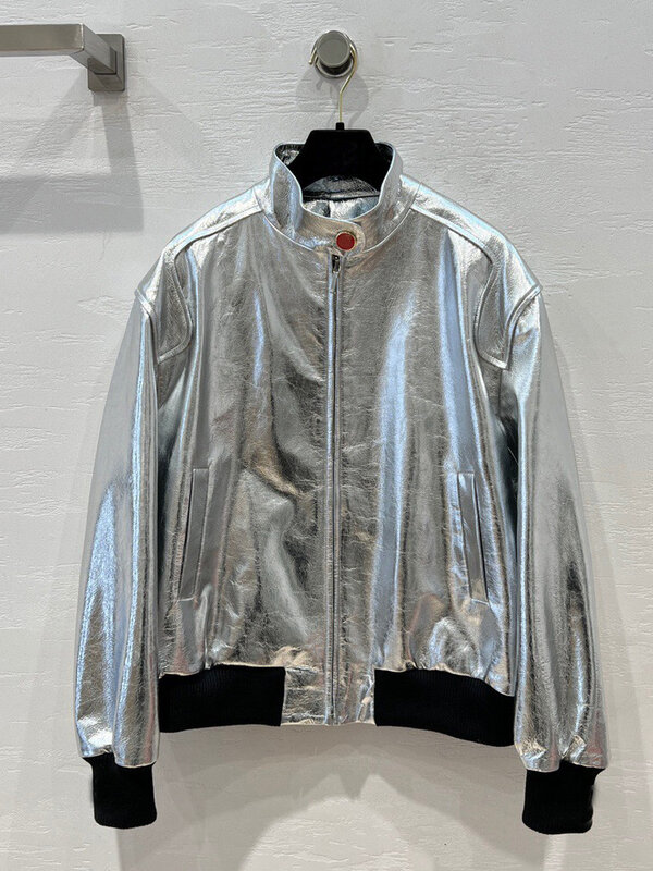 Женская куртка из натуральной овечьей кожи, золотистая/Серебристая куртка в Корейском стиле, весна-осень 2024