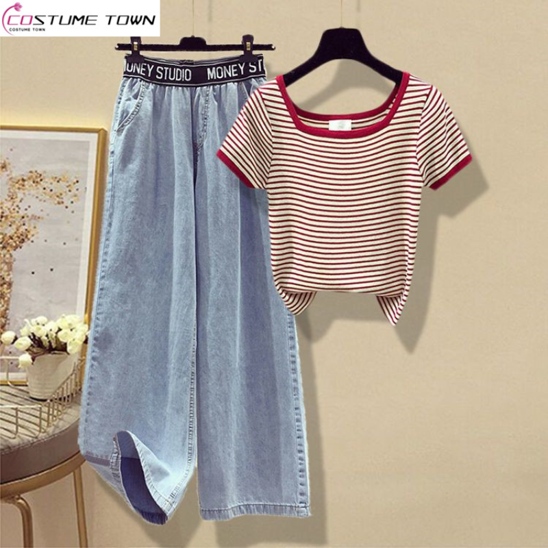 Spring/Summer Set Women's 2023 Western Style Age Reducing Casual T-shirt Casual Denim Wide Leg Pants Two Piece Set