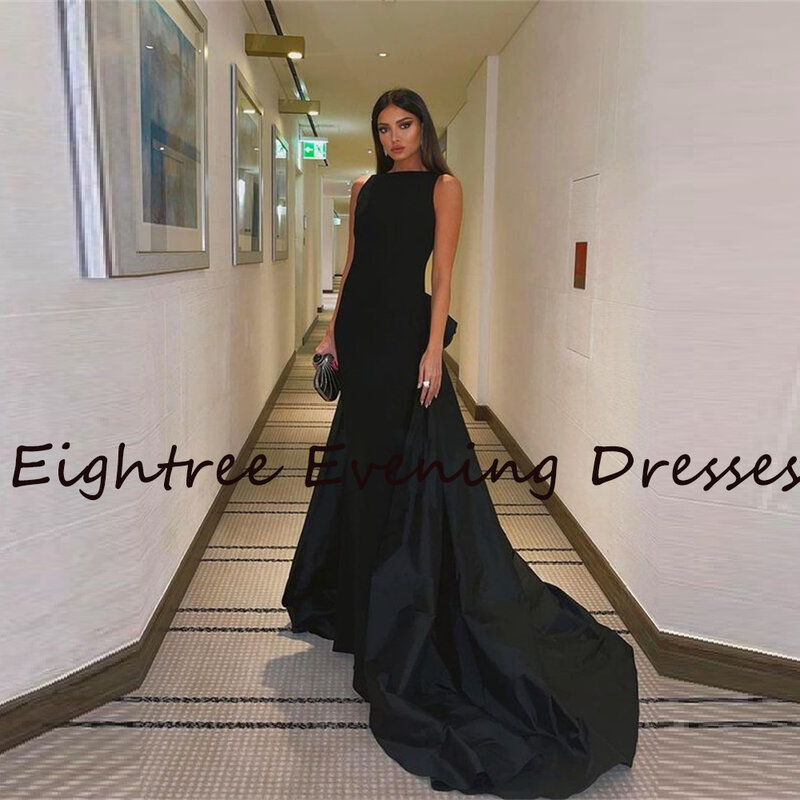 Eightree O Neck Black Backless Bow Prom Dress A Line Sleeveless Long Train Dubai Evening Night Party Dresses Vestidos Prom Gowns