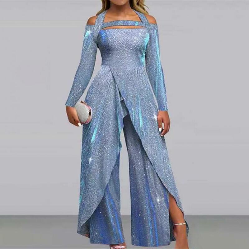 Women Jumpsuit Hollow Out Shiny Sequin Tight Mid Waist Casual Wide Leg Pant Long Sleeve Split Irregular Lady Party Prom Jumpsuit