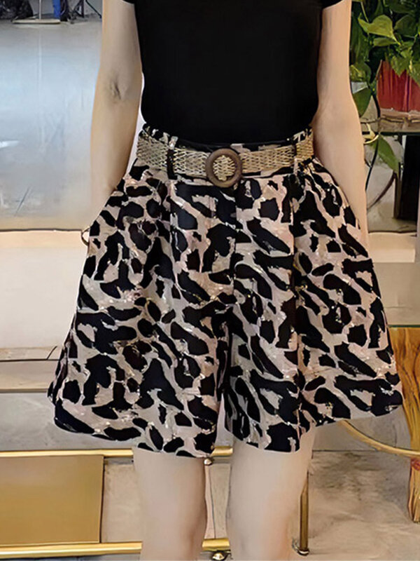 Shorts de bolsos femininos com estampa floral, cintura alta, perna larga, roupas femininas, casual, primavera e verão, V147, 2024