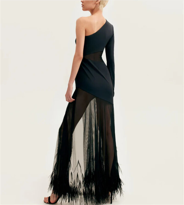 Элегантное Черное Платье для торжественных случаев, простое вечернее платье с рукавом на одно плечо, женское платье до щиколотки, оригинальное кружевное платье с юбкой сзади