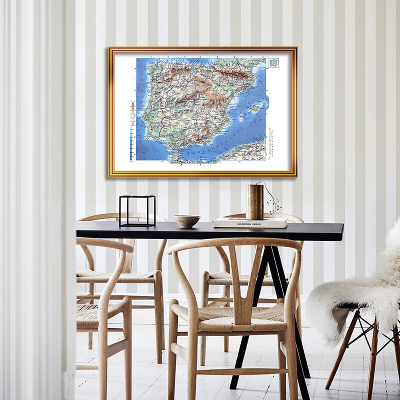 Mapa de topografia espanhola 90*60cm, mapa em espanhol com detalhes de pintura em tela, pôster de parede, decoração de casa, material escolar de viagem