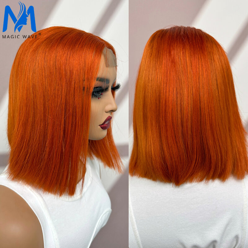 Peluca de cabello humano liso con cierre de encaje para mujer, pelo virgen brasileño predespuntado, Bob, naranja jengibre, 2x6, n. ° 350