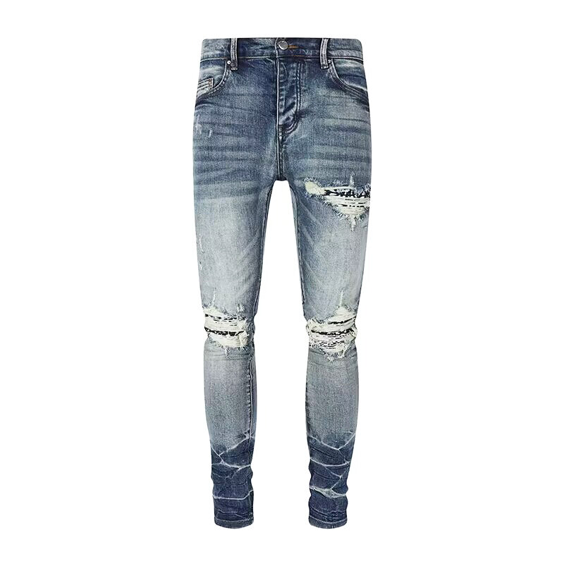 Moda de rua alta masculina jeans angustiado, vintage azul lavado, jeans de fenda apertada elástica, remendo amarelo masculino, designer de hip-hop