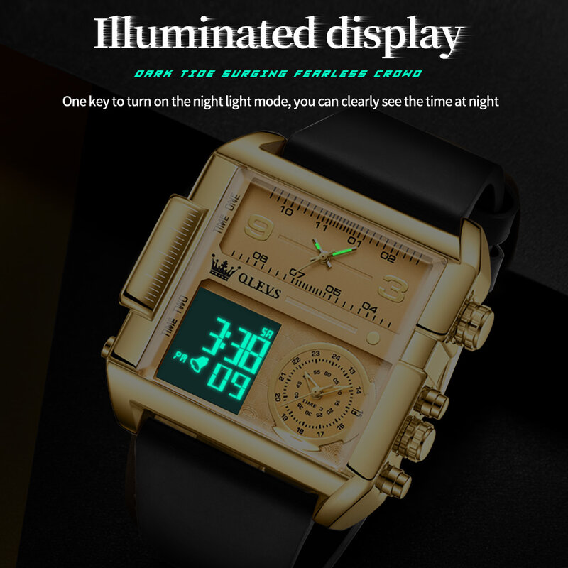 OLEVS jam tangan kuarsa desain tiga WAKTU pria, jam tangan Digital LED olahraga tahan air tali kulit untuk pria