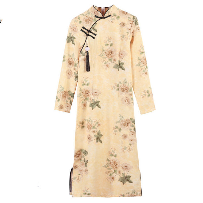 Gaun kuning baru musim semi gaun tradisional Retro elegan China wanita gaun Pao Qi panjang Motif Qipao ukuran besar 5XL