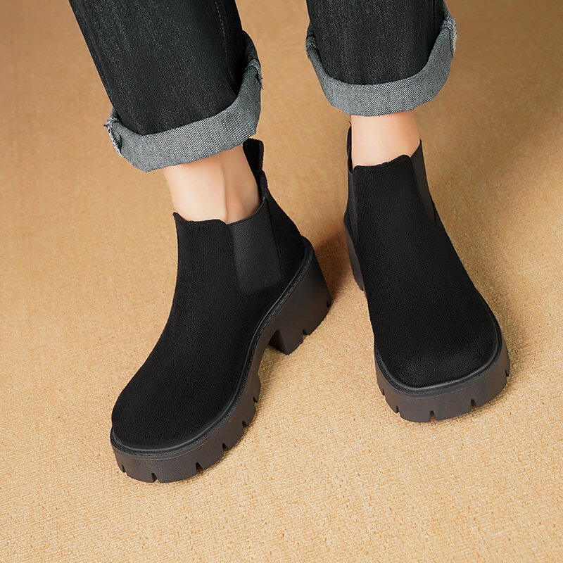 Ankle Boots casuais para mulheres, sapatos de dedo do pé redondo, saltos de corte, nova moda, venda quente, 2023