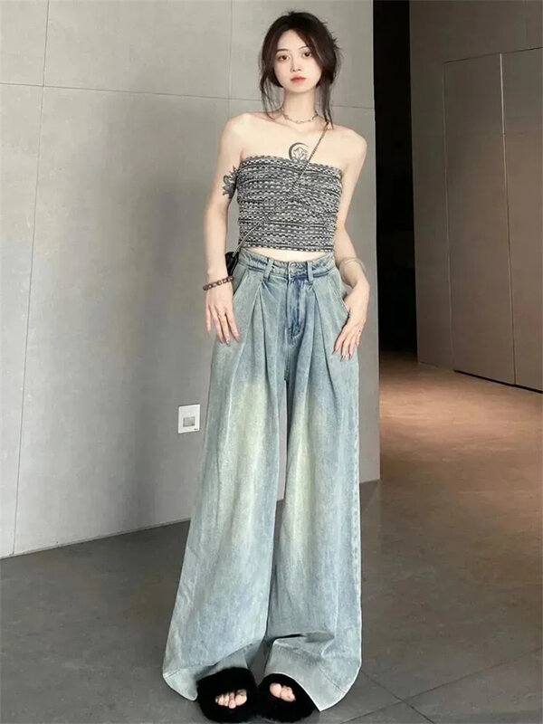Nowy dżinsy z szeroką nogawką damski w stylu Vintage na lato w kształcie gruszki, luźny polar i smukłe pionowe duże spodnie Flare