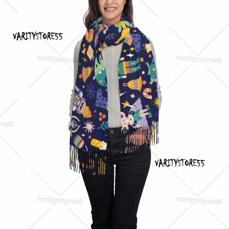 Bufanda de lujo con patrón de Cascanueces para mujer, chales cálidos con borlas, de feliz Navidad, invierno y otoño