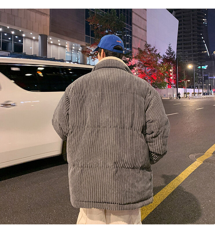 Jaket Kerah Berdiri Korea Parka Ukuran Besar Pria Jaket Ritsleting Kasual Pria Bulu Tebal Pakaian Luar Pria Parkas Pria Hangat Musim Dingin